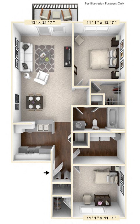 Floor plan for 2 beds, 1 bath, 974 sqft